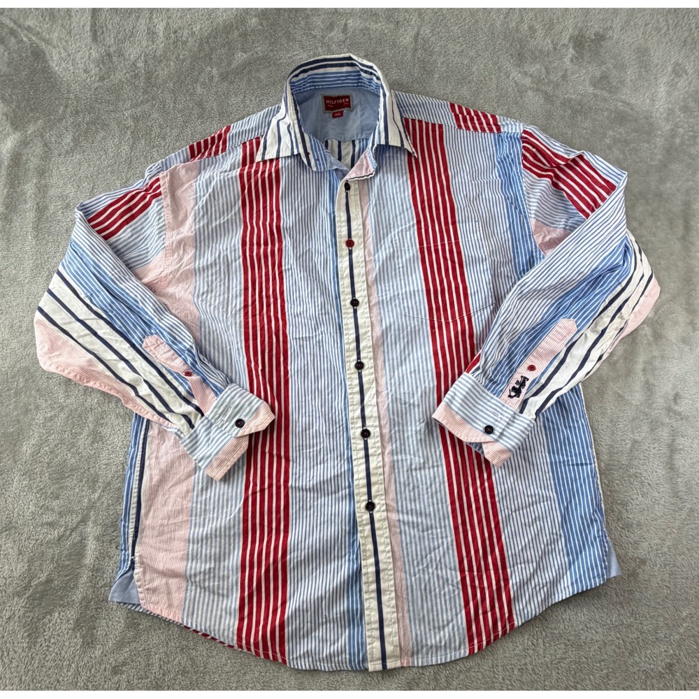 VTG Tommy Hilfiger Button Down Shirt Mens Large Multi Color Striped Long Sleeve